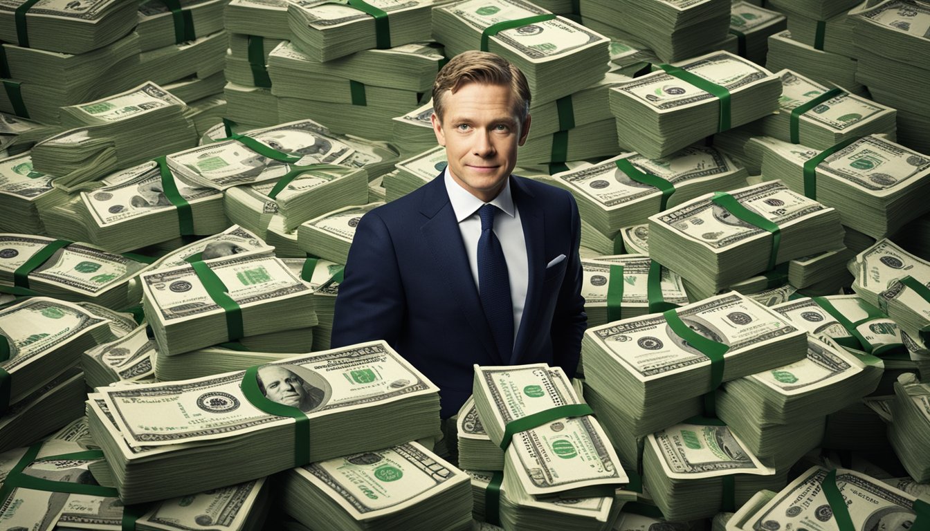 A pile of cash and assets surrounds a large "Martin Freeman Net Worth" sign, symbolizing his wealth and success