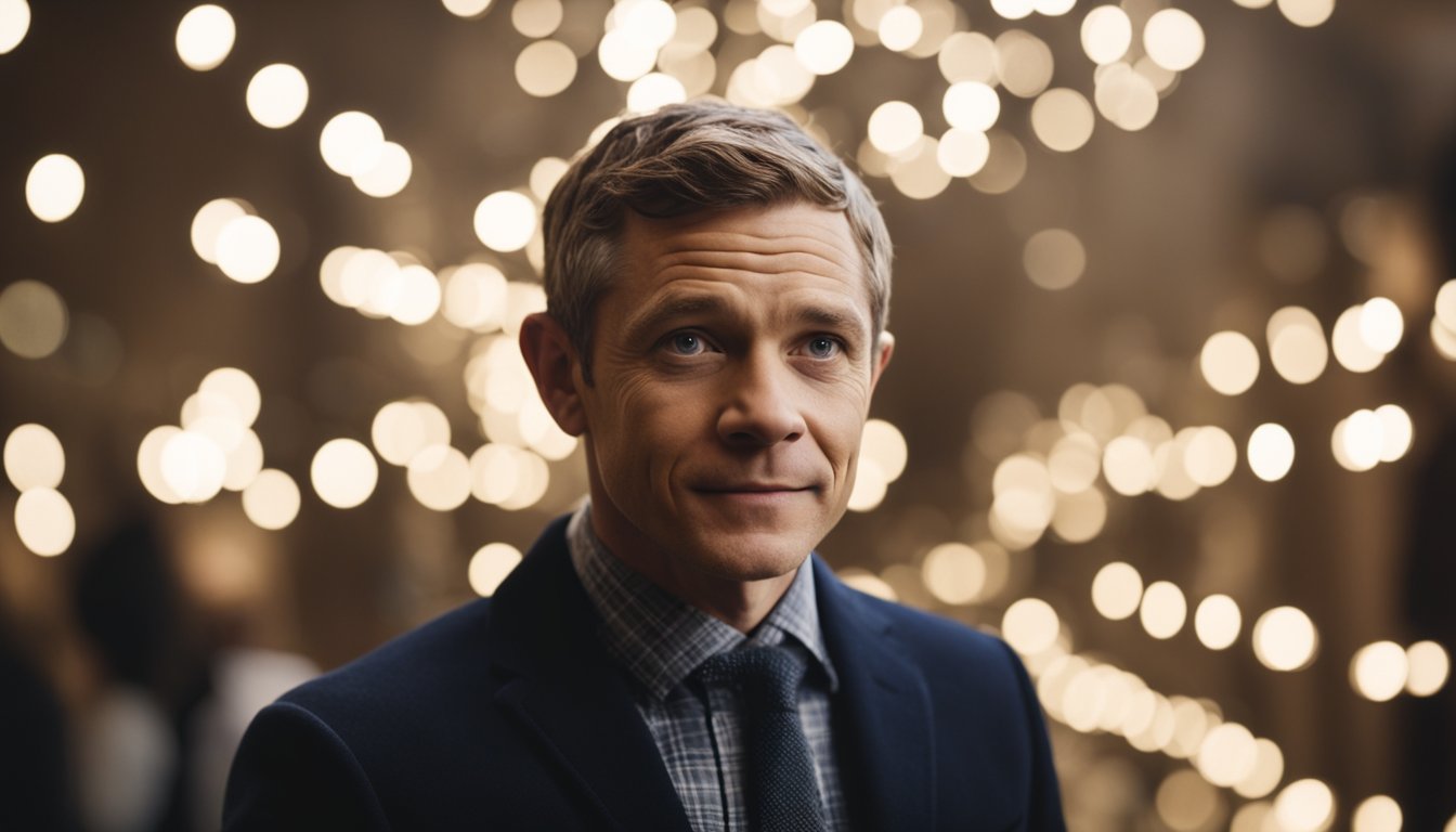 Martin Freeman's early life and career depicted through a series of milestones and achievements, showcasing his journey to success and accumulation of wealth