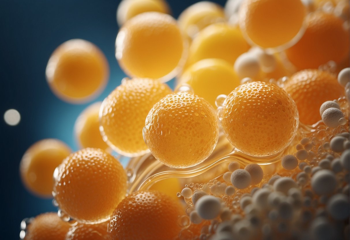 Vitamin C being absorbed by skin cells, promoting collagen production and protecting against UV damage