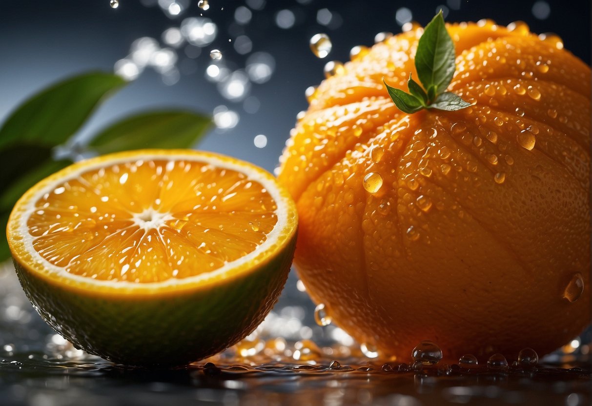 A vibrant orange citrus fruit being squeezed, with droplets of vitamin C-rich juice splashing onto a smooth, radiant skin surface