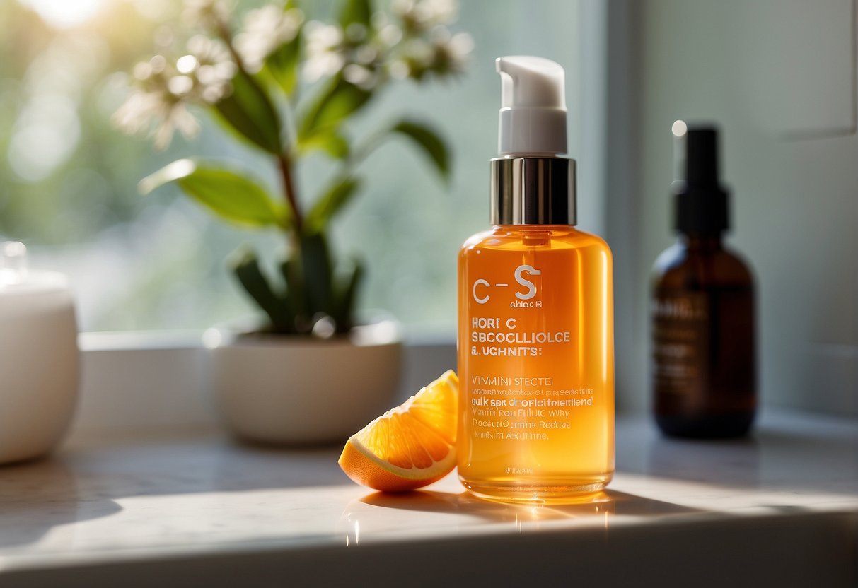 A bottle of vitamin C serum sits on a bathroom counter, surrounded by various skincare products. Sunlight streams through the window, highlighting the importance of vitamin C in a skincare routine
