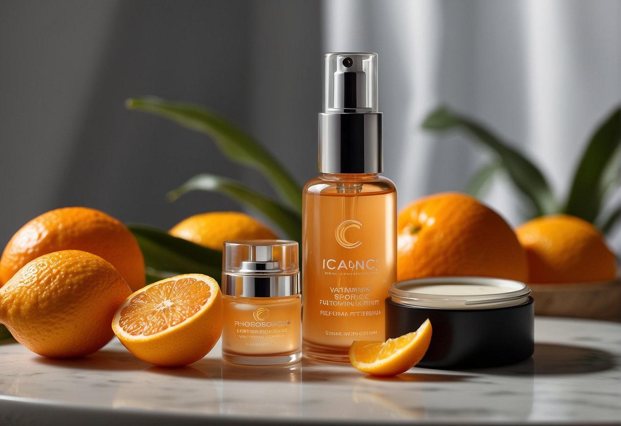 A bottle of vitamin C serum surrounded by skincare products and a magnifying glass highlighting the benefits of vitamin C for the skin