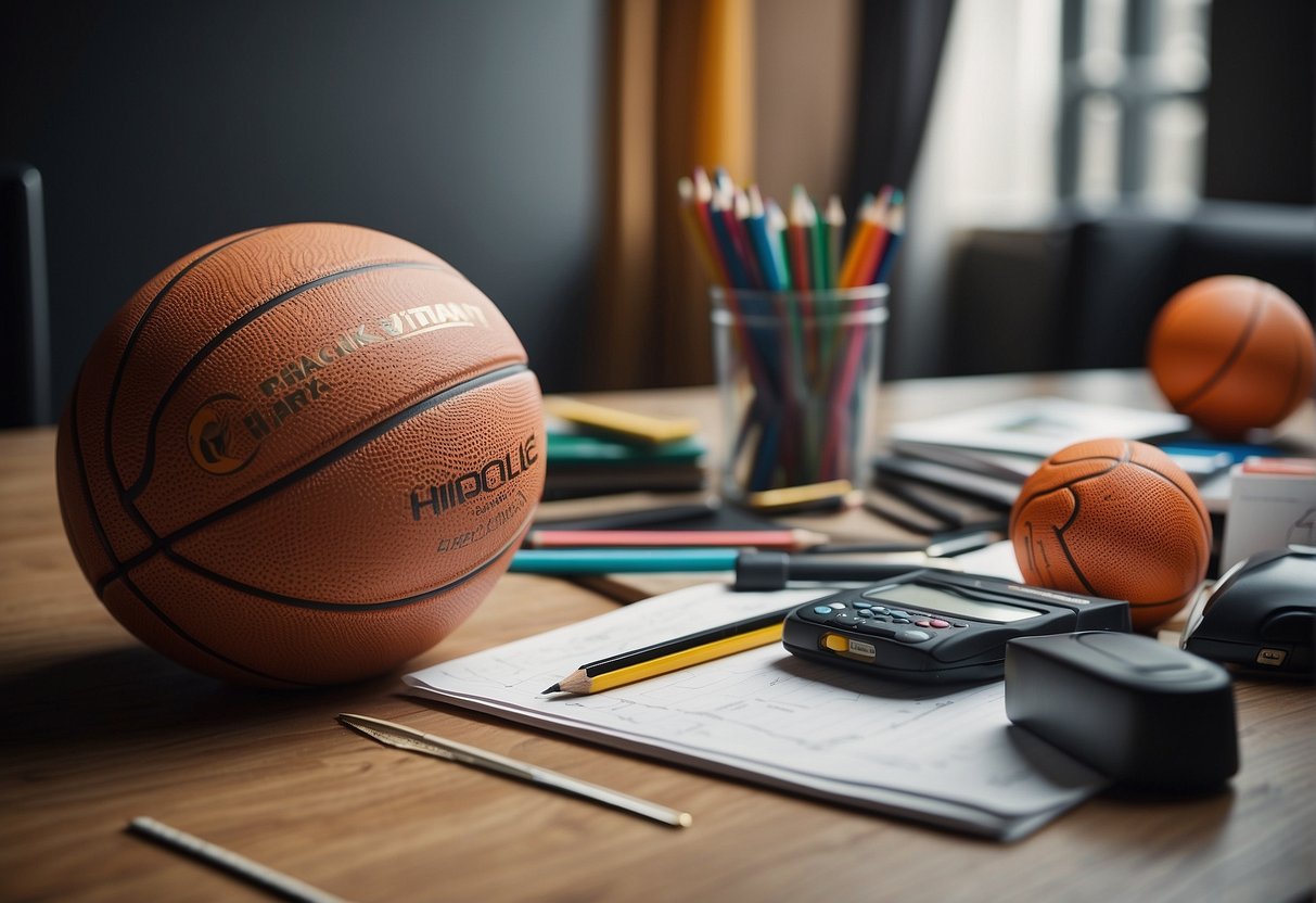 A table with drawing materials: pencils, erasers, rulers, and a blank basketball jersey template