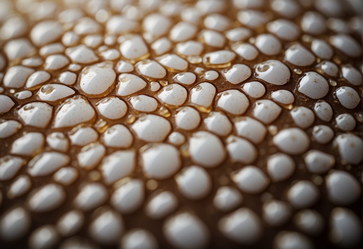 A close-up of a patch of skin with white spots scattered across it