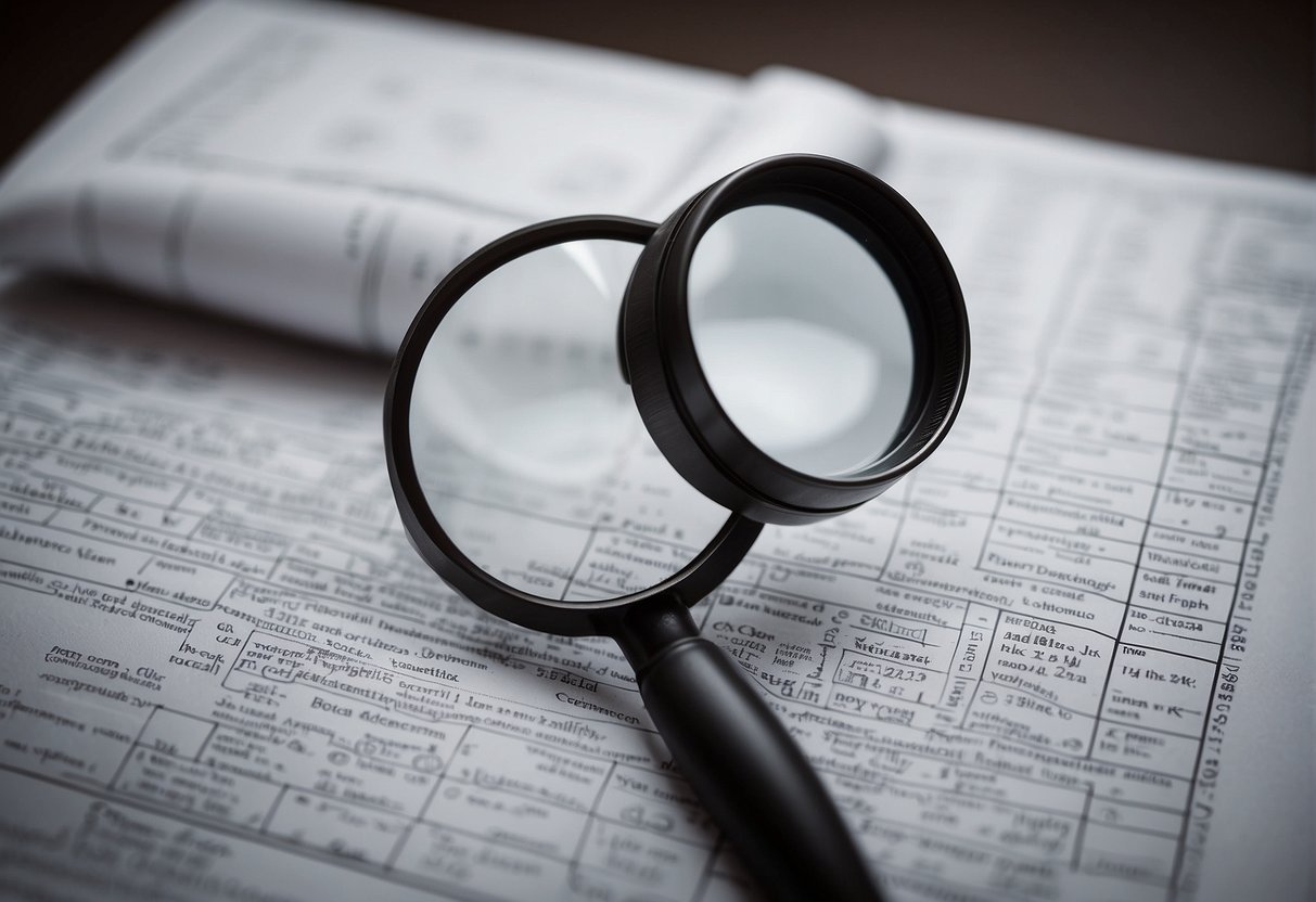 A close-up of white patches on skin, with a magnifying glass and medical chart in the background