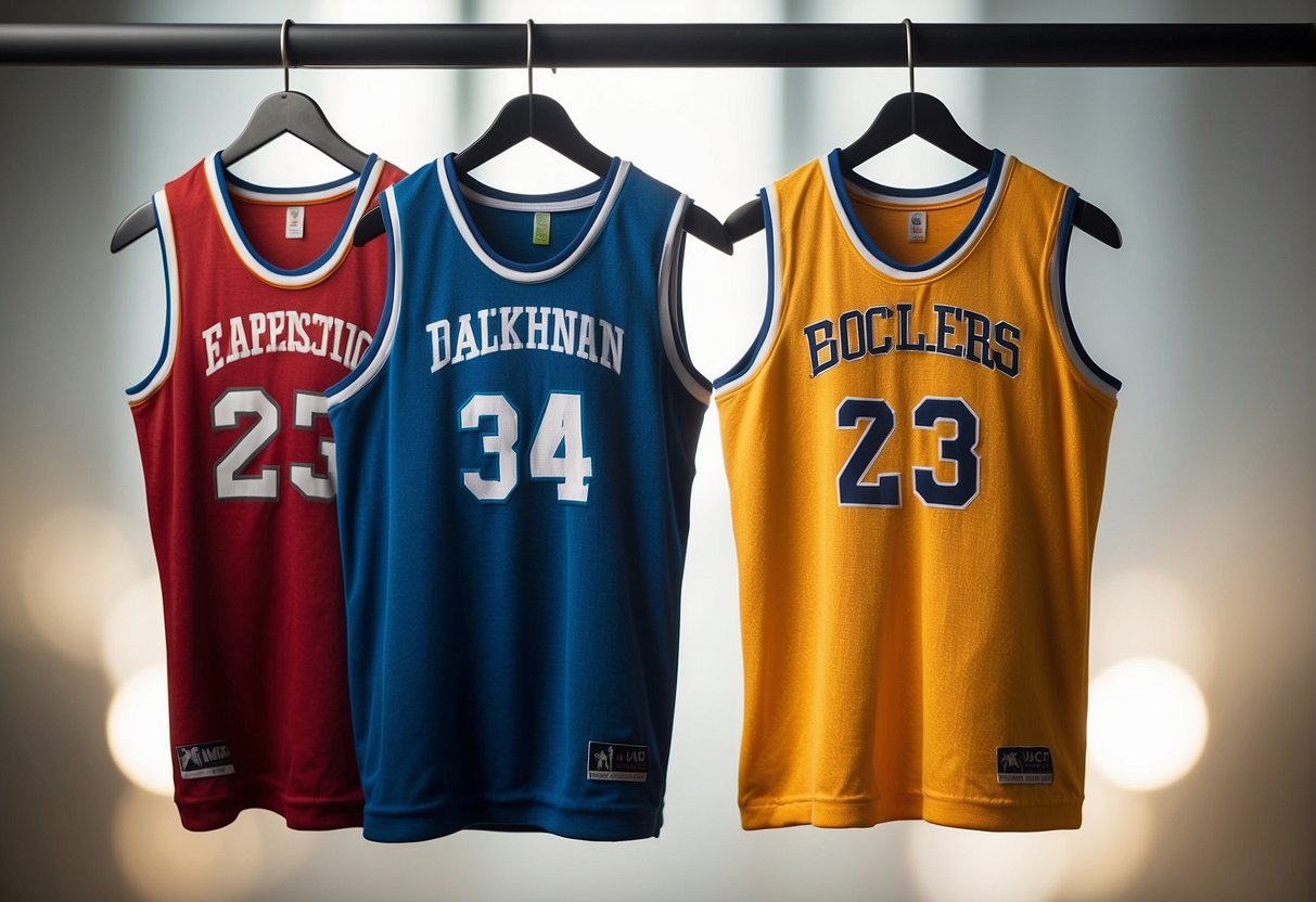 A basketball jersey hangs on a hanger, with a simple, straight-cut shape and a round neckline. The fabric drapes naturally, with no visible wrinkles or folds