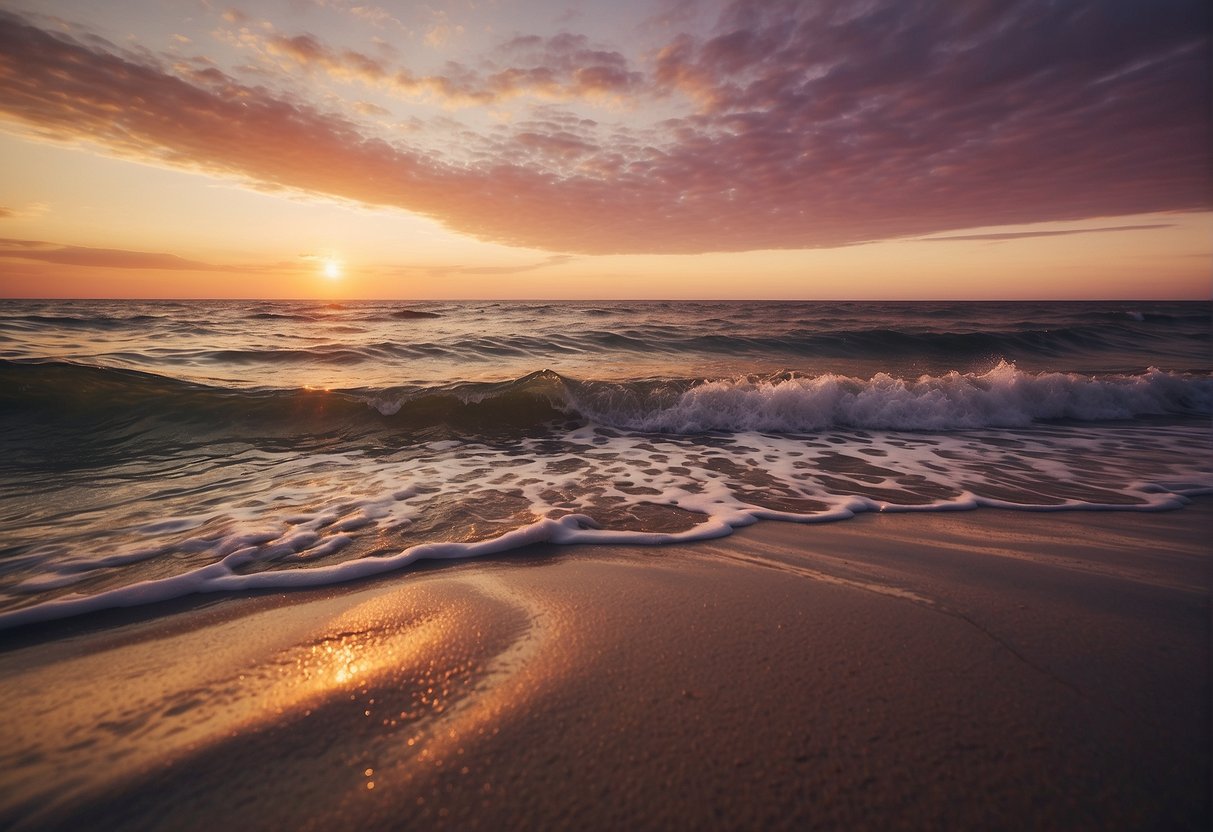 A serene beach at sunset, with waves gently lapping against the shore. The sky is painted with hues of pink, orange, and purple, creating a stunning backdrop for the tranquil scene