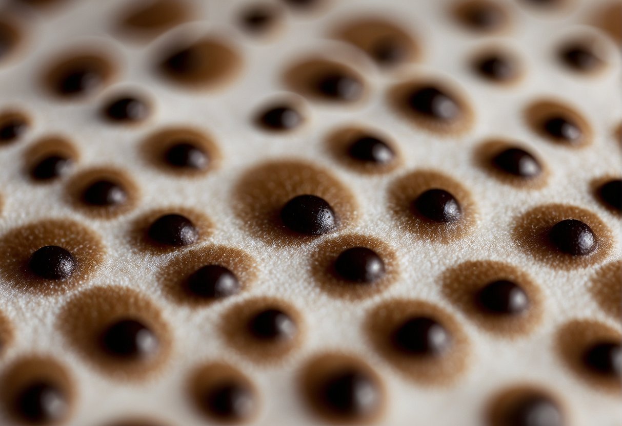 A close-up of a patch of skin with white spots scattered across it. The skin should be smooth and clear, with the spots standing out prominently