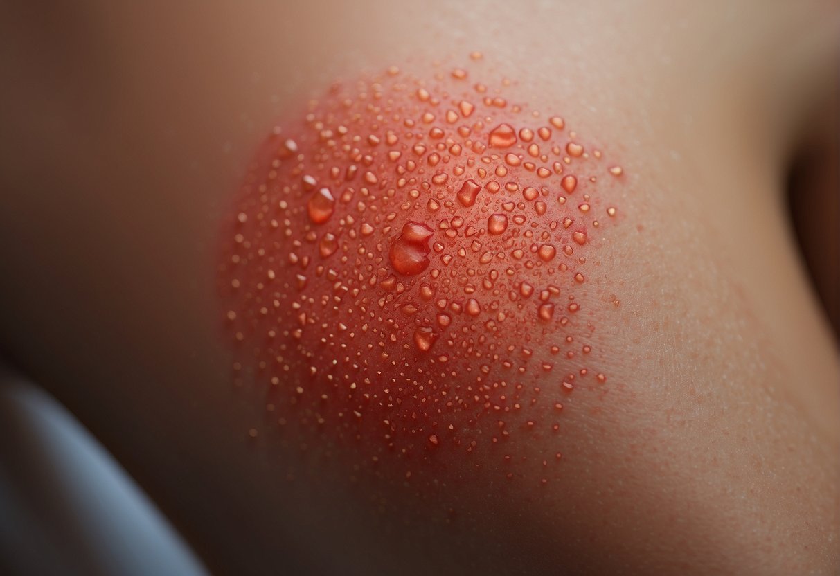 A red, inflamed patch on the skin, resembling a rash or sunburn. It may have visible blood vessels and small, red, pus-filled bumps