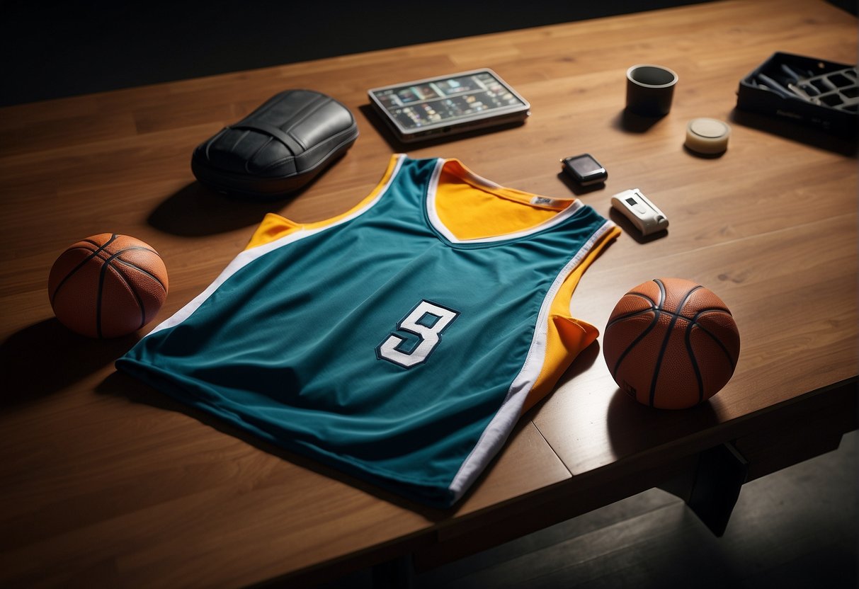 A basketball jersey laid flat on a table, with a color palette and shading tools nearby