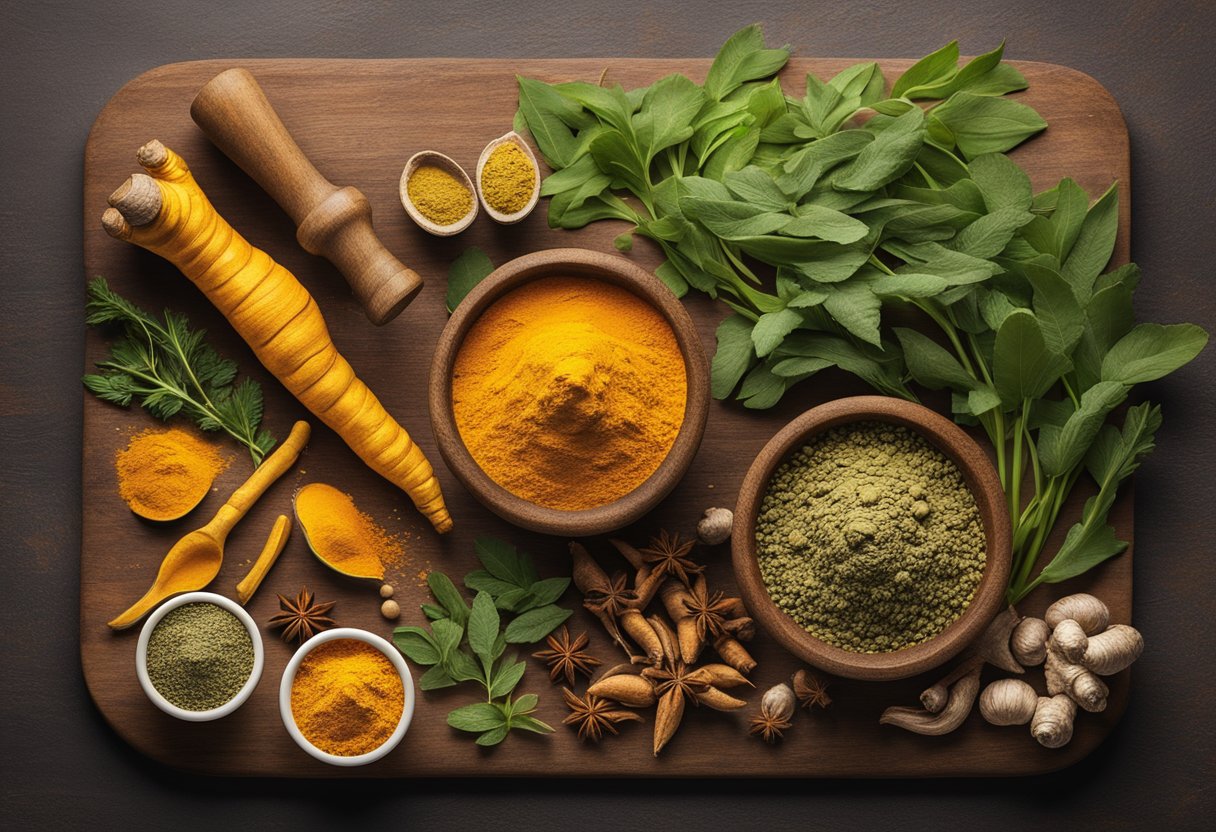 A vibrant turmeric root sits on a cutting board, surrounded by various spices and herbs. A mortar and pestle are nearby, ready to be used for creating a turmeric immune-boosting remedy