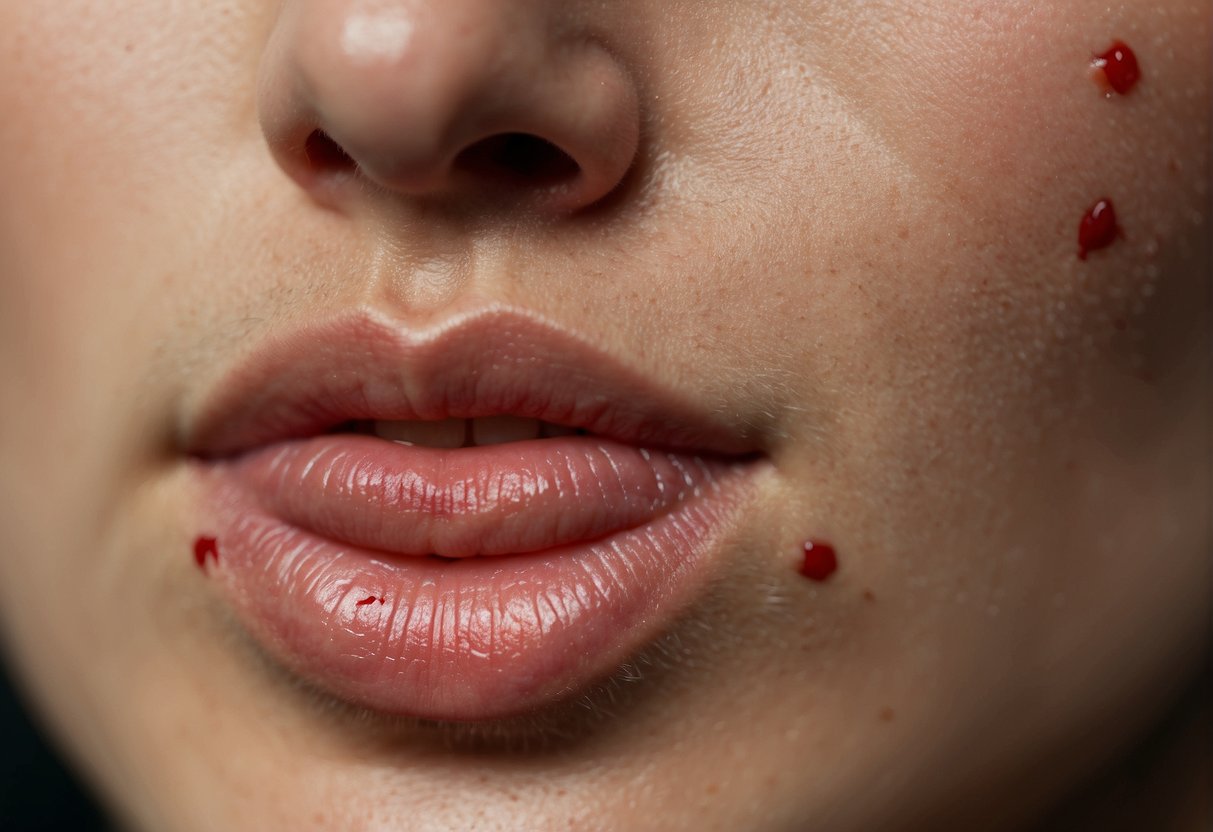 A red, inflamed patch of skin with visible blood vessels and pustules, possibly on the cheeks or nose