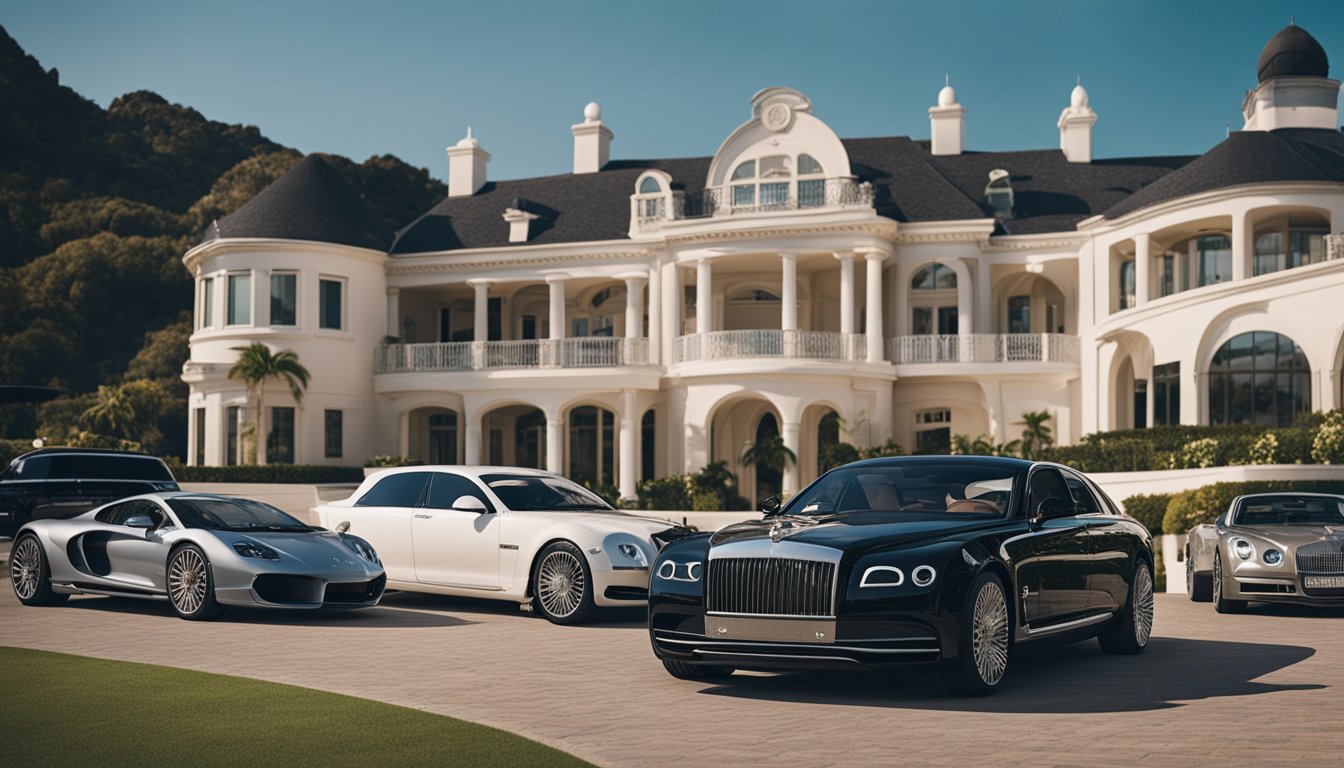 A grand mansion with luxurious cars parked outside, a private jet on the runway, and a large yacht at the dock, all showcasing Frank Lucas's immense wealth