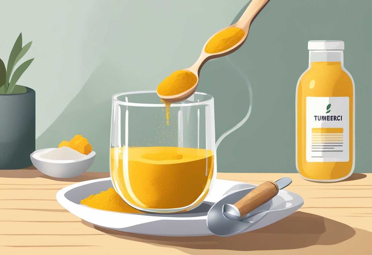 Turmeric powder being added to a glass of warm water, with a spoon stirring it in. A bottle of turmeric supplements sits nearby