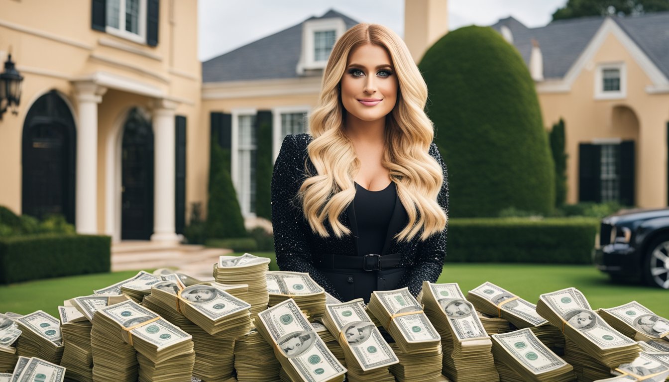 Meghan Trainor's net worth is depicted by stacks of cash, luxury cars, and a lavish mansion