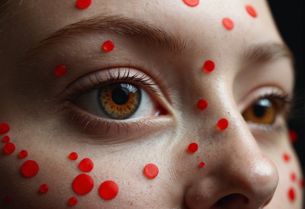 A close-up of red dots on skin, varying in size and distribution. No human figures or body parts visible