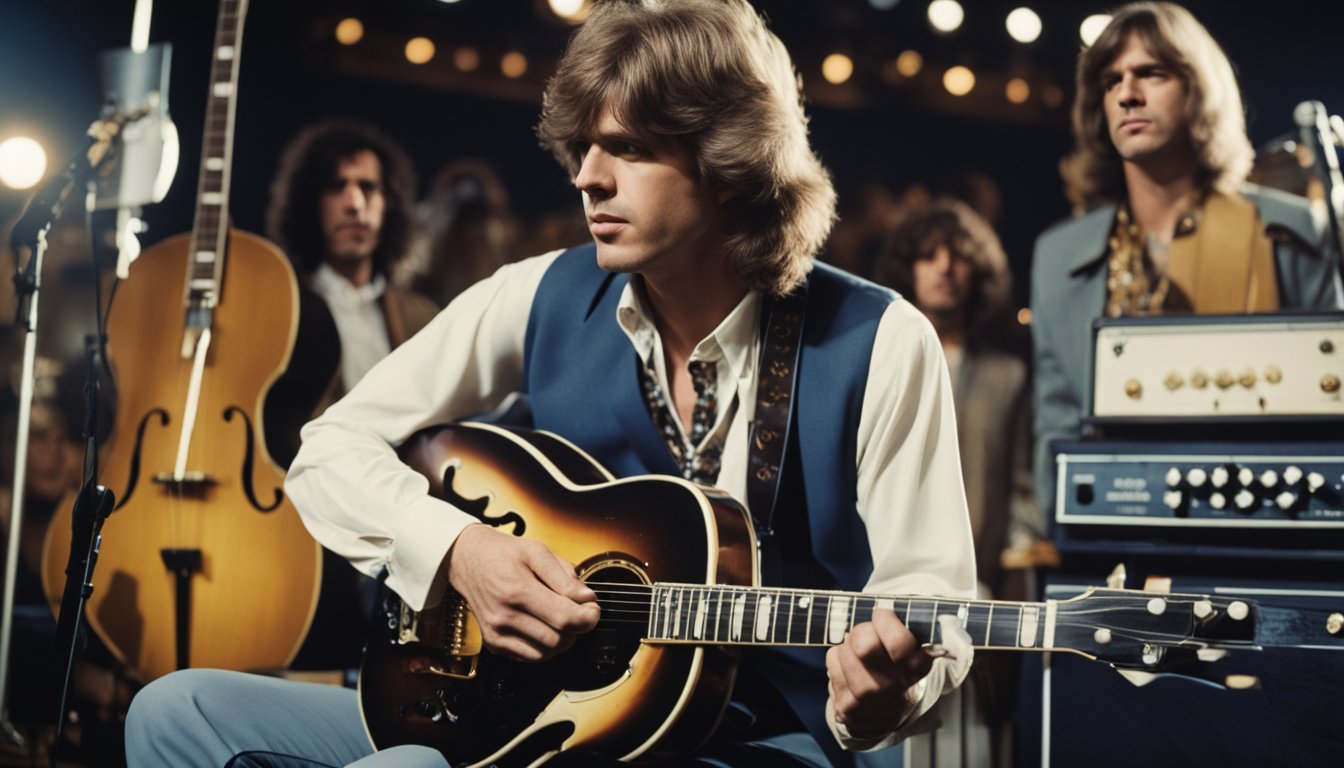 Mick Taylor's early life and career portrayed through a series of musical instruments, vintage records, and concert posters