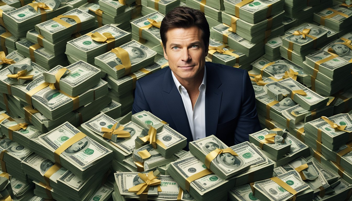 Jason Bateman's net worth is depicted through a stack of cash and a pile of luxury items, symbolizing his wealth and success