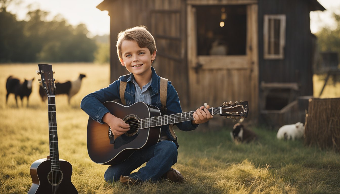 George Jones' early life: a small, rural home with a young boy surrounded by farm animals. A worn guitar sits in the corner, hinting at his future career