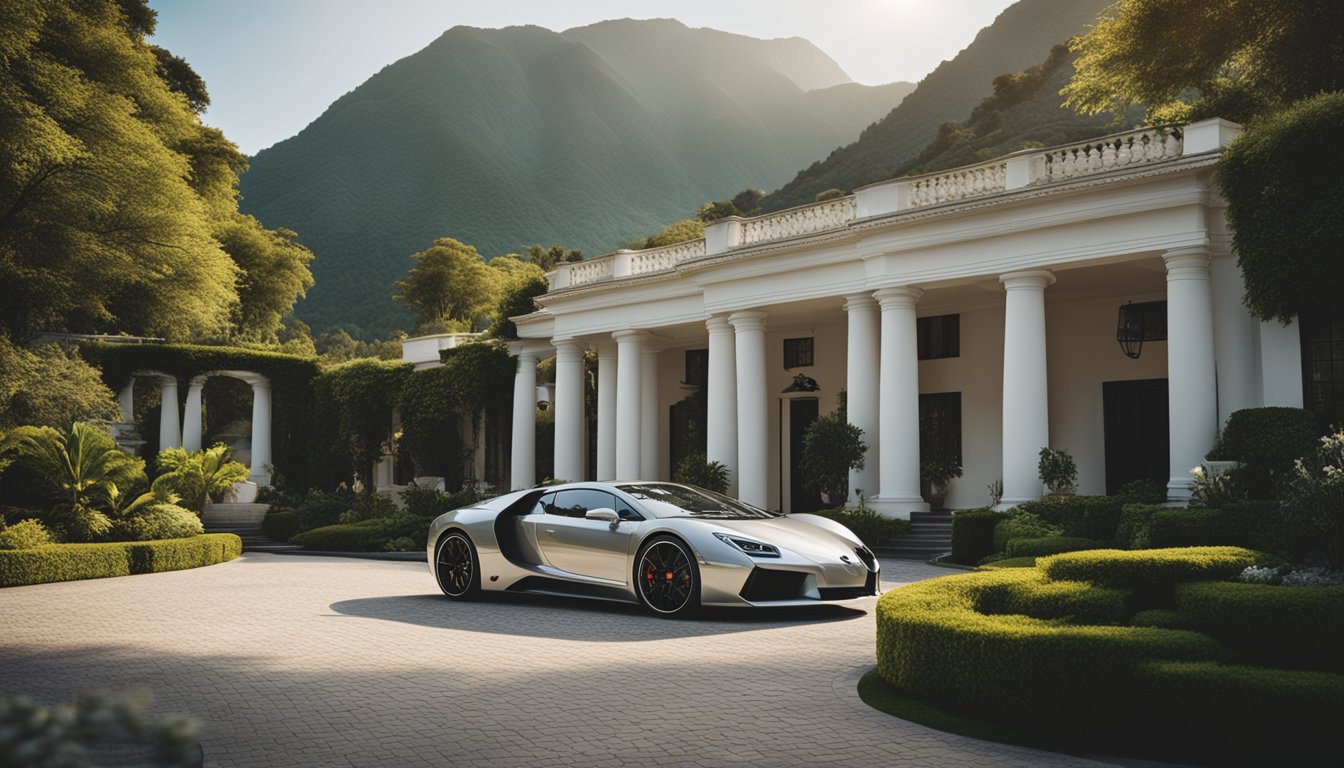 A luxurious mansion with a grand entrance and expensive cars parked out front, surrounded by lush greenery and a beautiful mountain backdrop