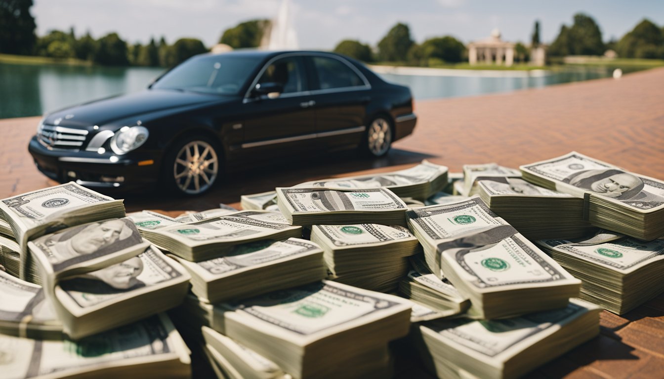 Method Man's net worth is illustrated through a stack of cash, a luxury car, and a mansion. The scene exudes wealth and success