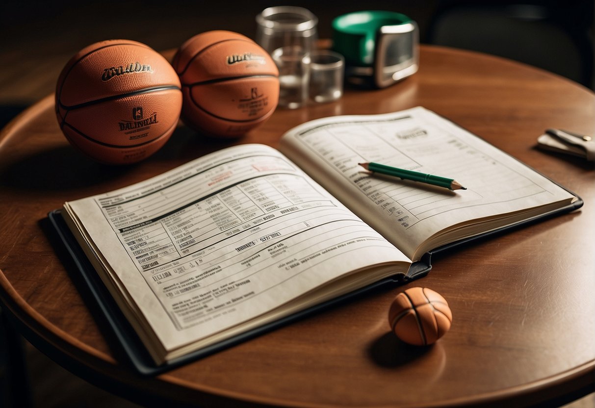 A basketball scorebook lies open on a table, with columns for points, fouls, and player names. A pencil rests nearby for recording game statistics
