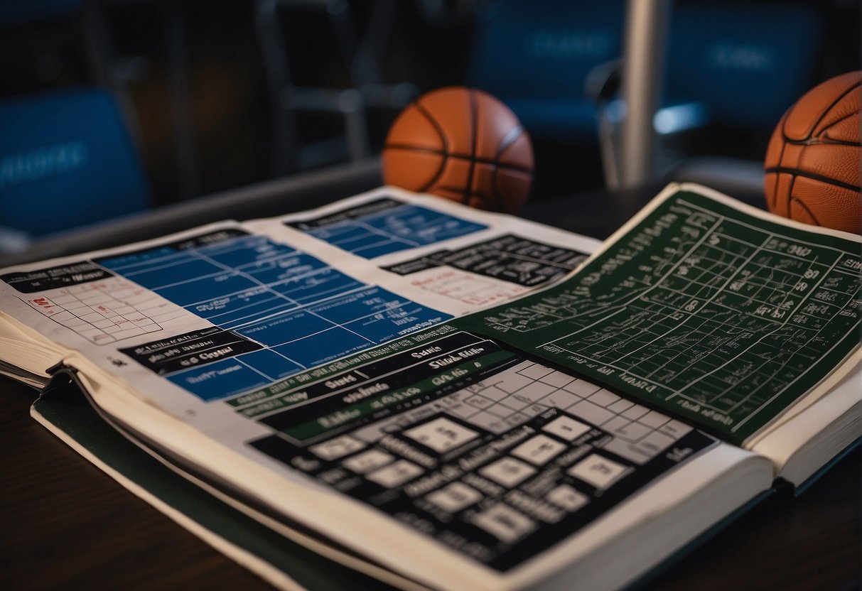 Players dribble, pass, and shoot. Scorekeeper marks points, fouls, and timeouts in a basketball scorebook