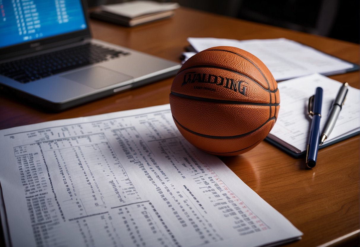 A basketball scorebook open on a table, with a pen resting on top. The pages are filled with entries, showing time-related scores and statistics