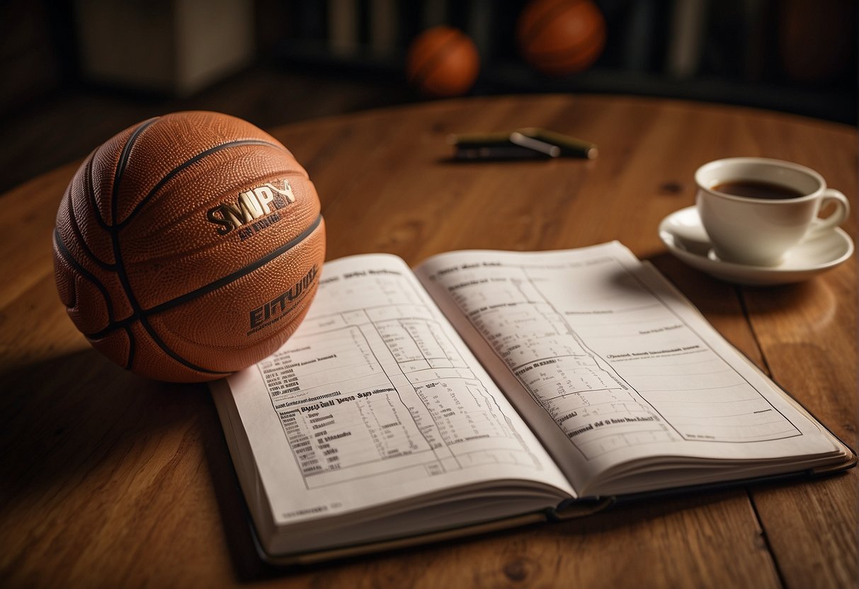 A basketball scorebook lies open on a wooden table, with neatly recorded scores and player statistics. A pencil rests on the page, ready for the next entry