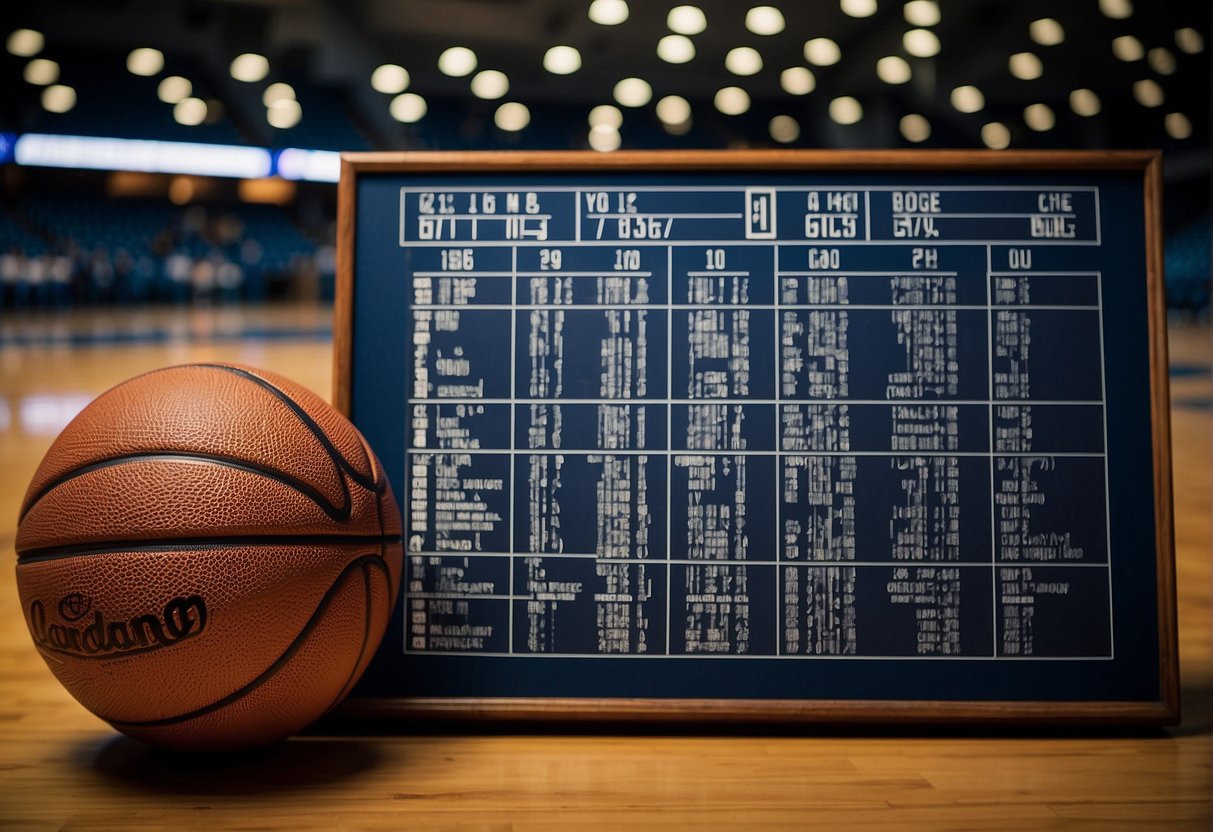 A hand opens a basketball scorebook, recording points and fouls. The scoreboard displays the teams' names and the current score