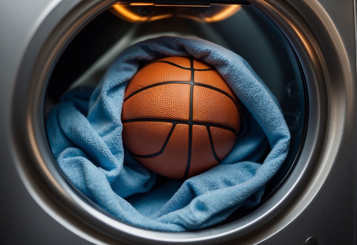 A basketball jersey is placed in a washing machine with detergent and water