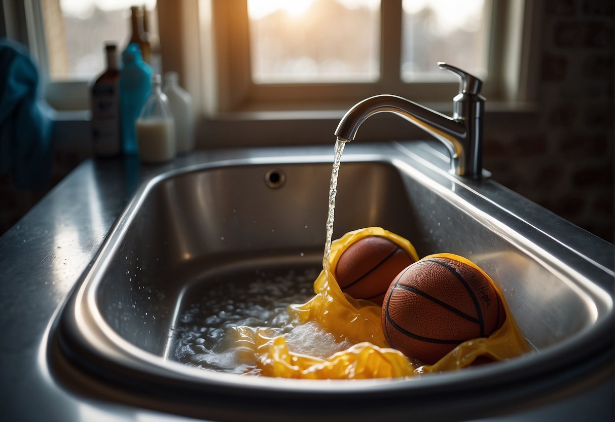 A basketball jersey being washed in a sink with soap and water, then hung up to dry