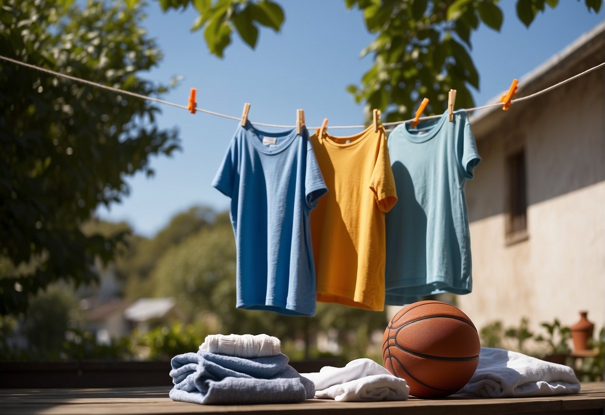 A basketball jersey hangs on a clothesline, air drying in the sun. A bottle of fabric softener and a laundry basket sit nearby