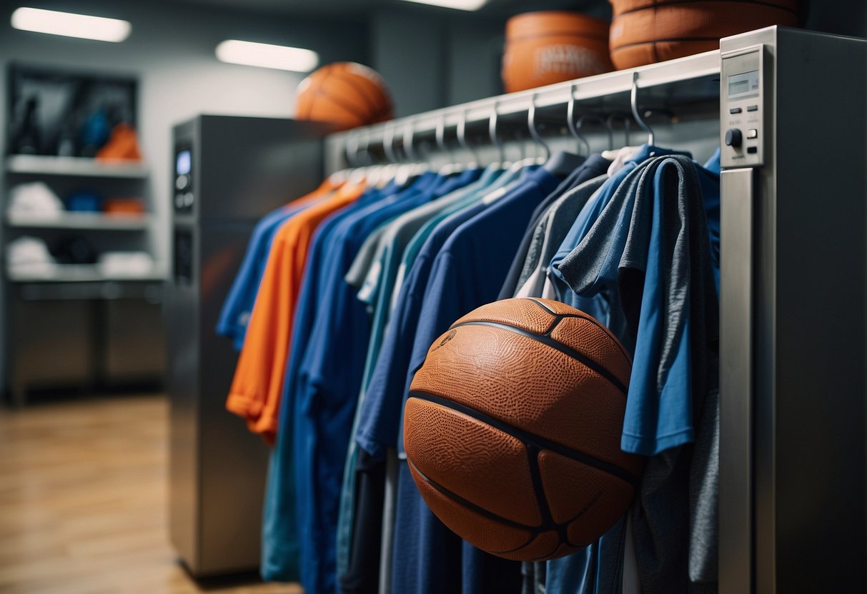 A basketball jersey is being washed in a laundry machine. Ironing and storage solutions are neatly organized nearby