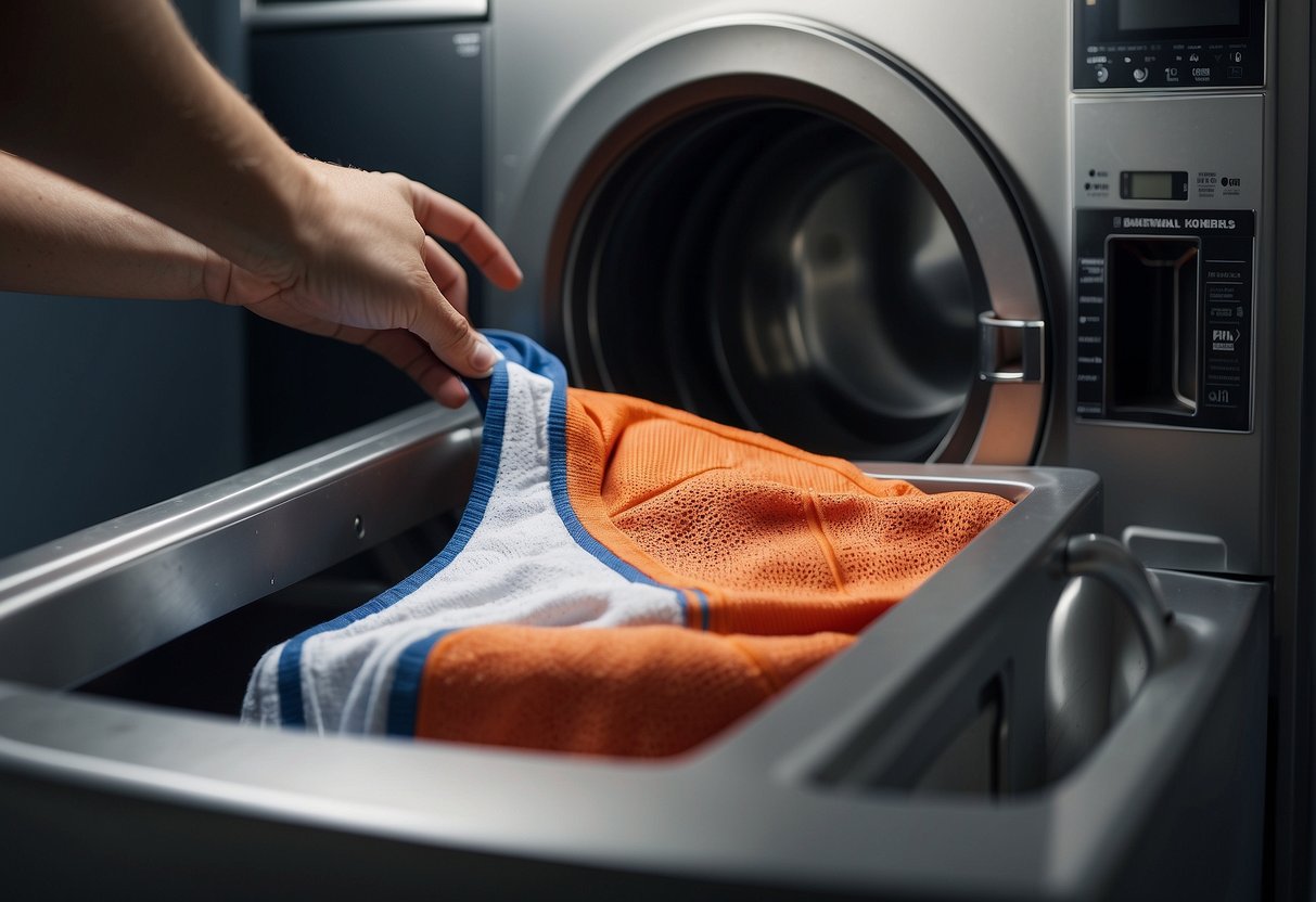 Basketball jersey being washed in a washing machine with gentle detergent and cold water, then air-dried on a hanger