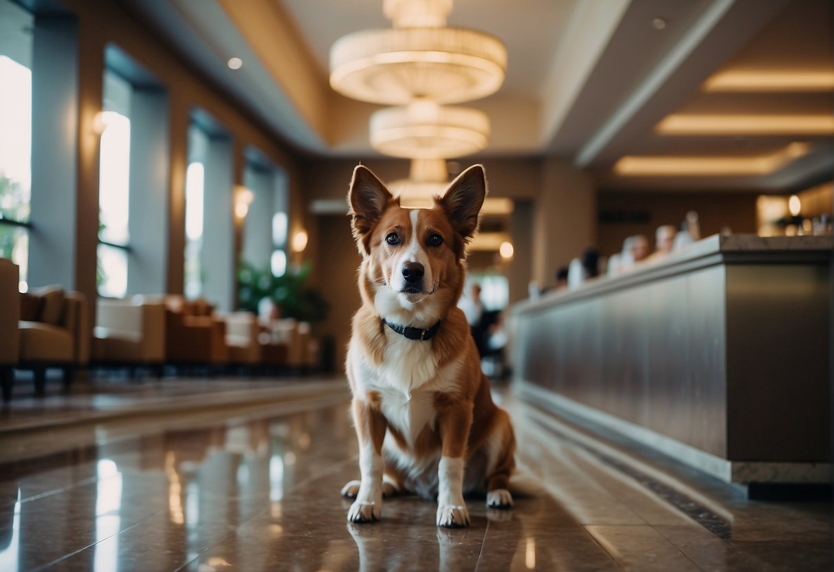 A dog sits in the lobby of a hotel, surrounded by pet-friendly amenities like water bowls and toys. The receptionist smiles as they check in, while other guests with pets walk by