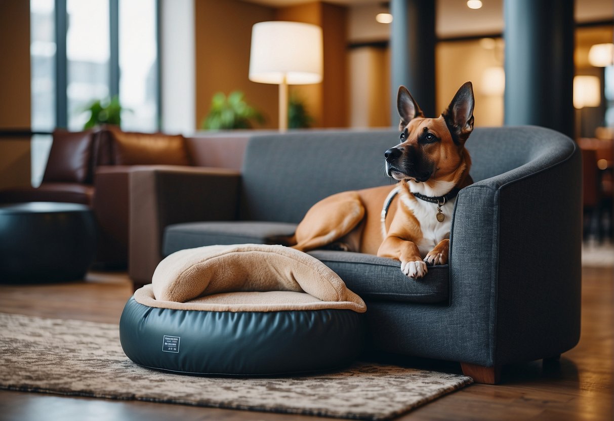 A cozy hotel lobby with a welcoming pet check-in area. A dog bed and water bowl sit next to a comfortable seating area for pet owners