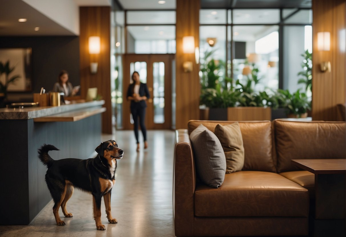 A cozy hotel lobby with a welcoming atmosphere, featuring modern furniture and pet-friendly amenities. A receptionist smiles as a dog wags its tail, while a sign proudly displays the hotel's pet-friendly policy