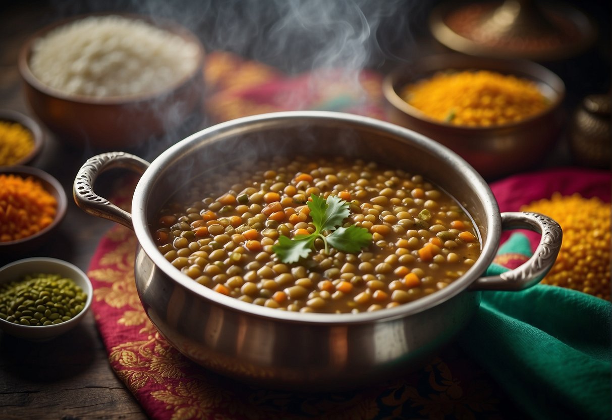 A bubbling pot of lentils simmering with aromatic spices, surrounded by colorful Indian textiles and traditional cooking utensils