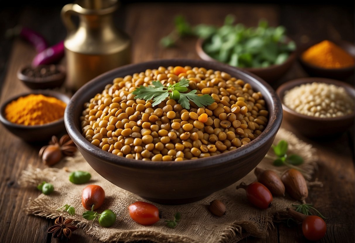 A bowl of Madras lentils sits on a rustic wooden table, surrounded by colorful spices and fresh ingredients. The rich, aromatic aroma of the lentils fills the air, enticing the viewer to take a closer look