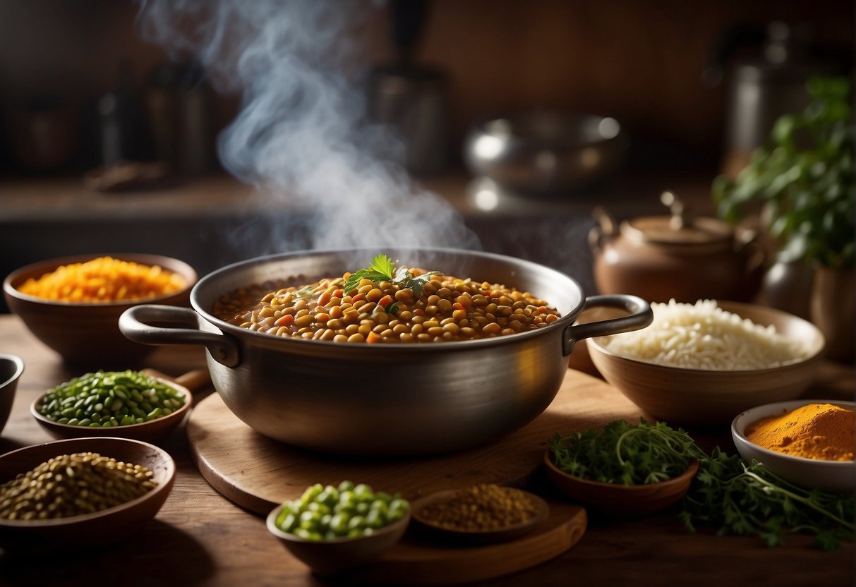 A steaming pot of madras lentils surrounded by various spices and ingredients on a kitchen counter
