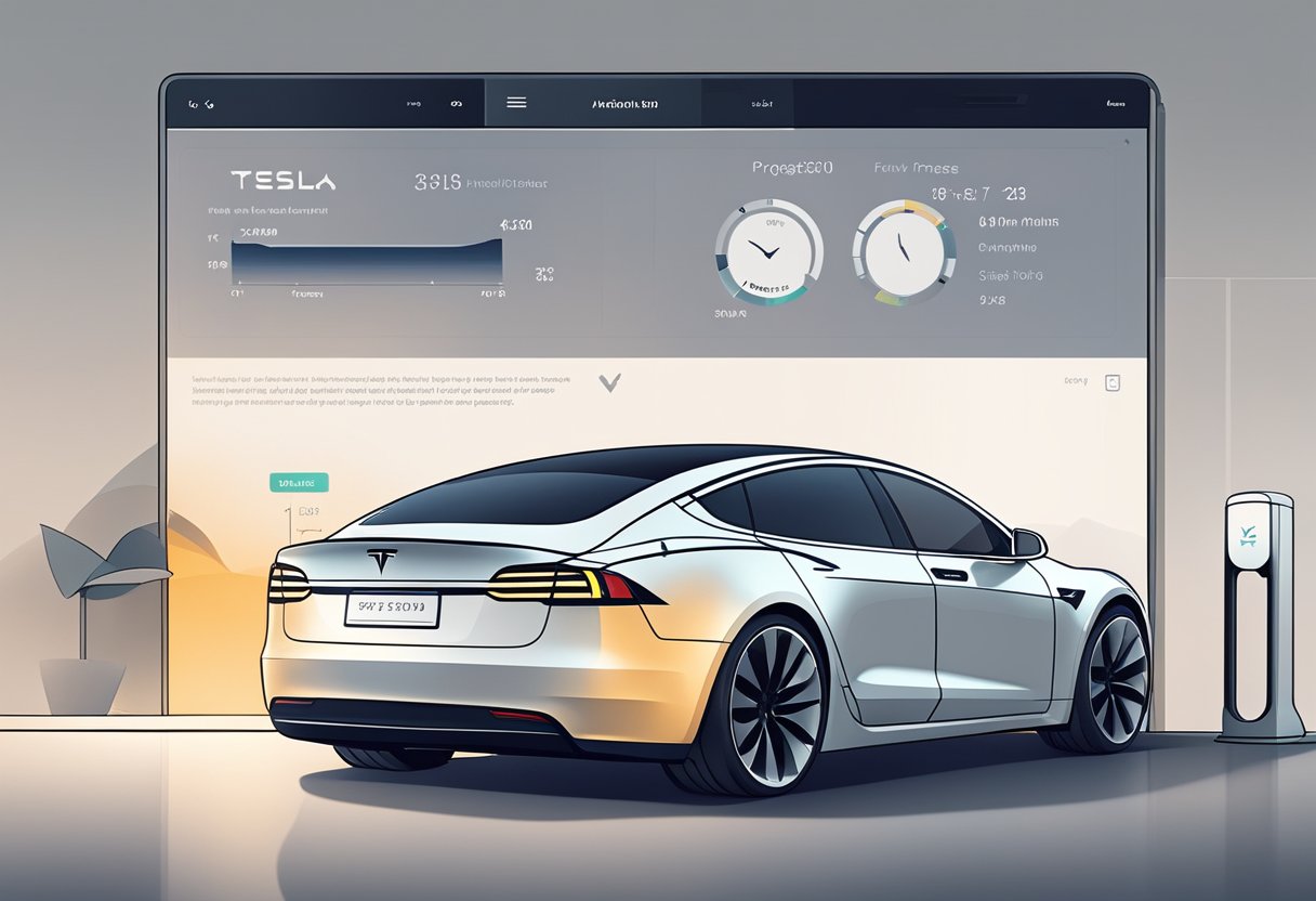A Tesla Model car is shown receiving an update, with a screen displaying "FSD Version 12 (V12)" and progress bar