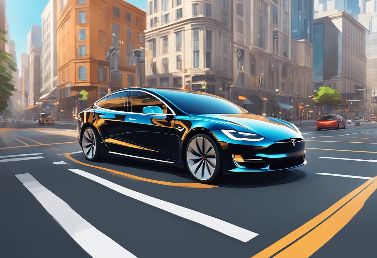 A Tesla vehicle navigating a busy city street using FSD Beta Testing, with clear road markings and other vehicles in the background