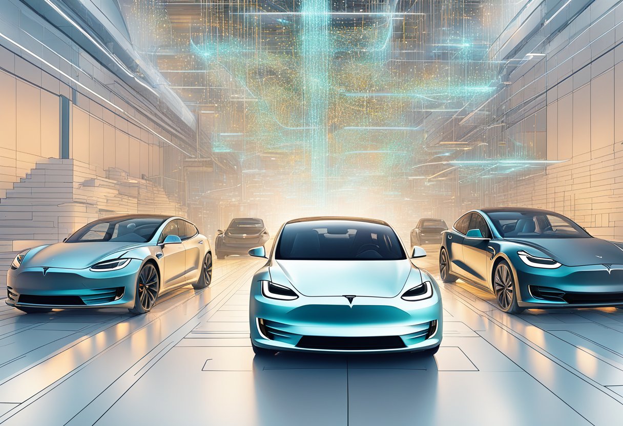Tesla's Neural Network and AI tech in action, processing data and making real-time decisions. Visualize the flow of information and the seamless integration of technology