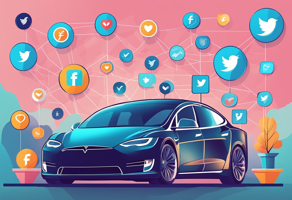 Social media icons surround a Tesla FSD 12 update, with thumbs-up, hearts, and retweets. Market charts show a positive response