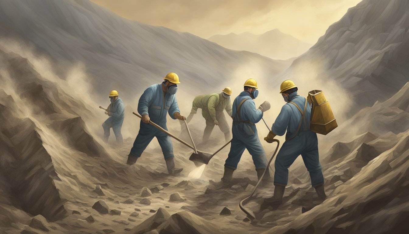 Ancient workers mining asbestos, surrounded by dusty, hazardous conditions