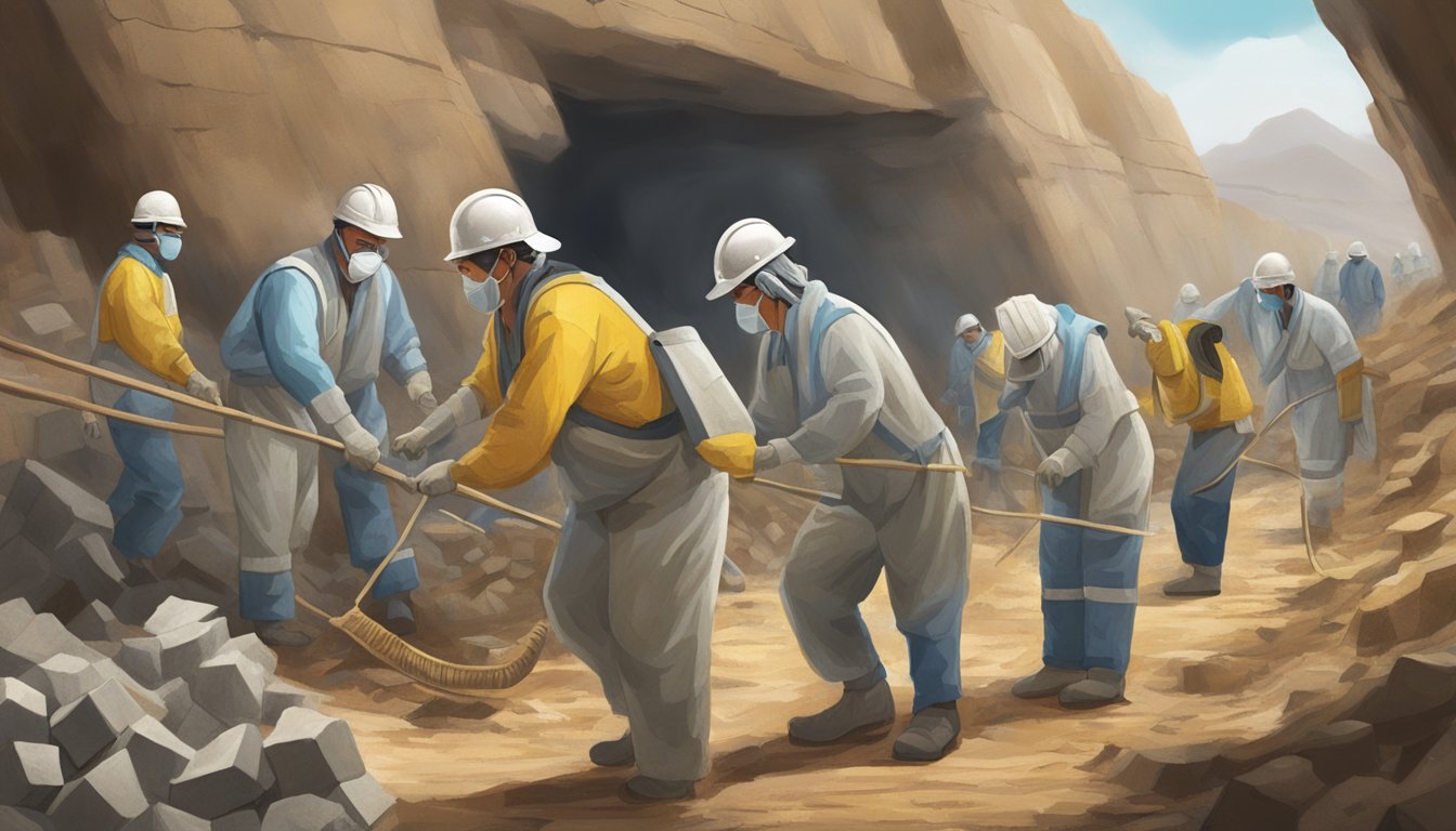 The scene depicts ancient people mining and using asbestos, transitioning to modern warning signs and protective gear