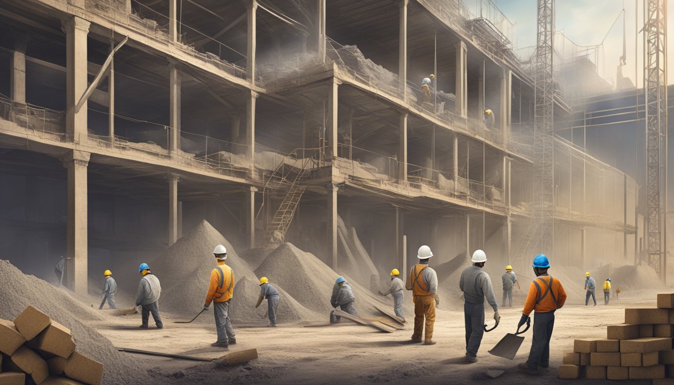 A construction site with workers using asbestos in ancient times, contrasted with modern manufacturing processes and the dangers of asbestos exposure