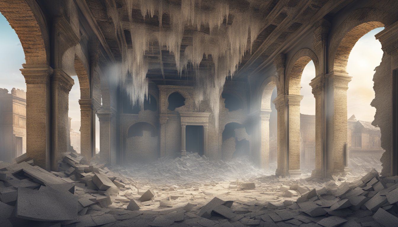 A dusty ancient building with broken walls and ceilings, revealing asbestos fibers in the air, representing the history and dangers of asbestos exposure
