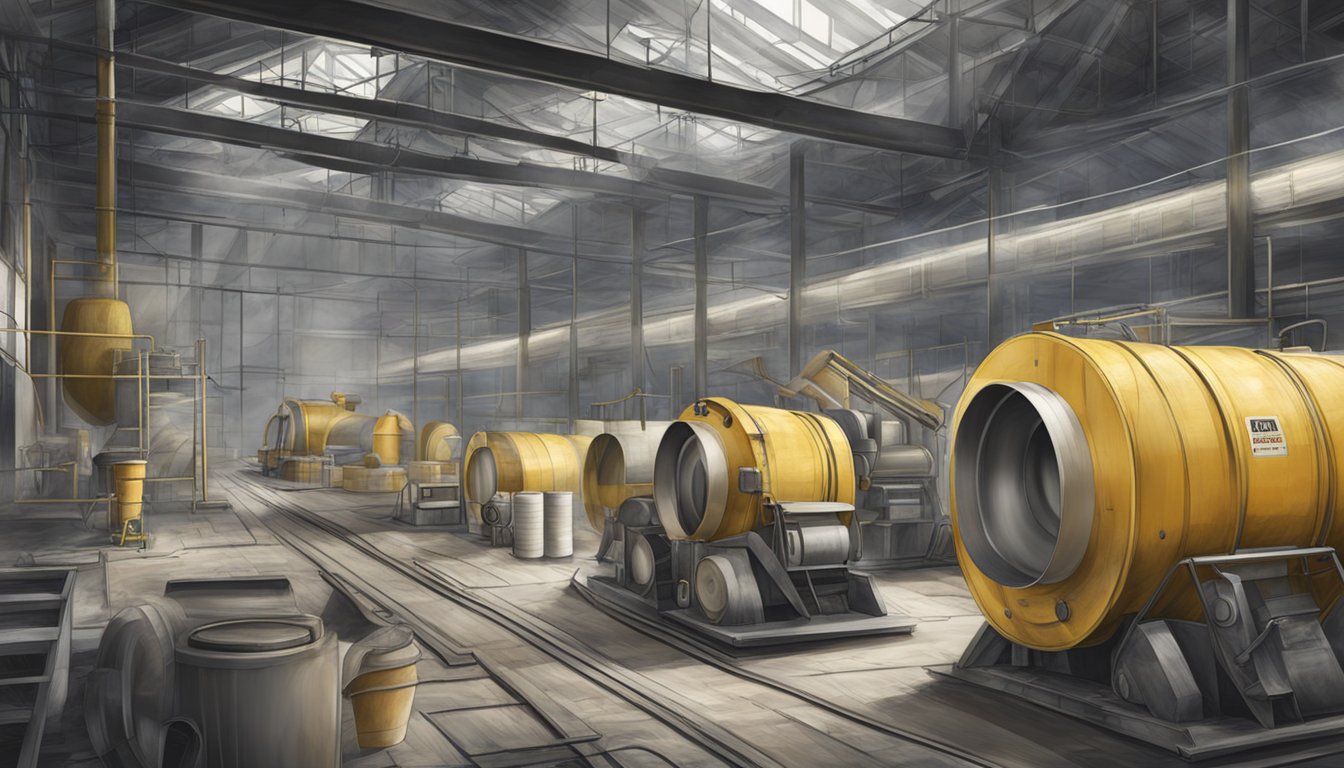 A modern industrial setting with asbestos-containing materials, machinery, and protective gear, representing the historical and modern use of asbestos